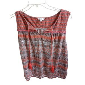 Lucky Brand‎ Orange Print Sleeveless Tassel V Neck Top Women L